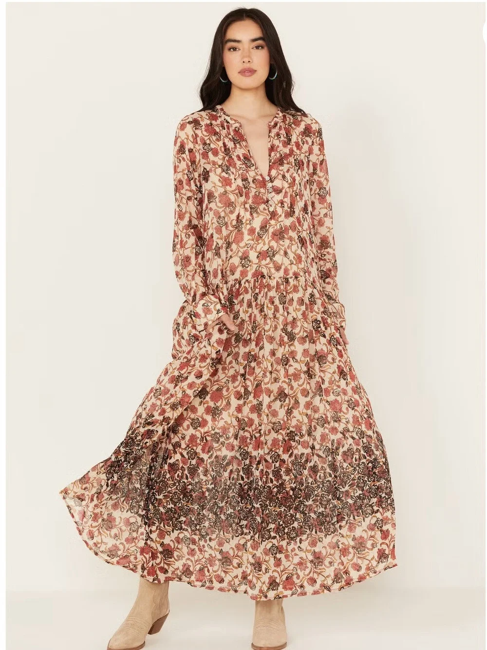 Free People See it Through Rose Multi Floral Long Sleeve Maxi Dress XSTP